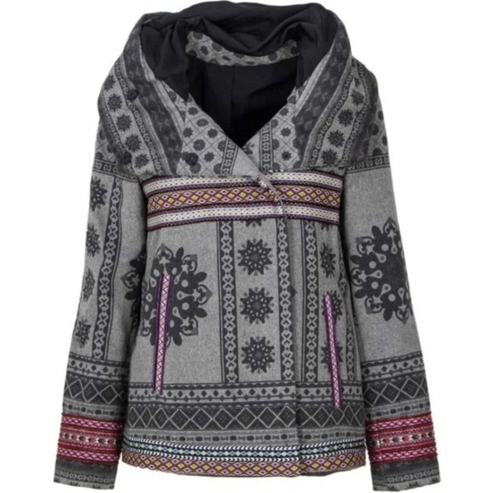 New $275 DESIGUAL Womens Size 42 US 8 Gray Embroidered Boho Artsy Jacket Coat